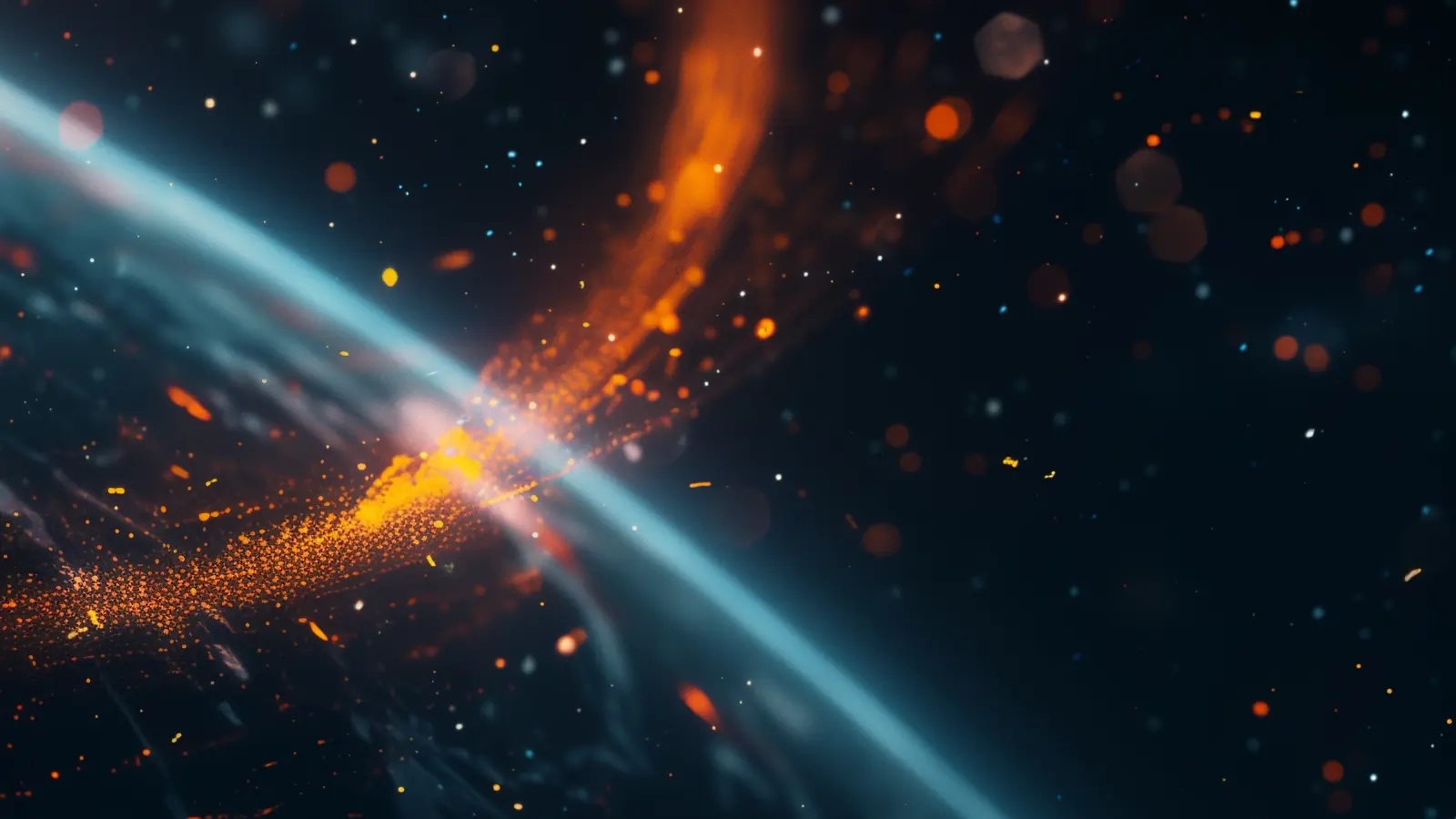 Teal atmospheric arc struck by a burst of orange sparks