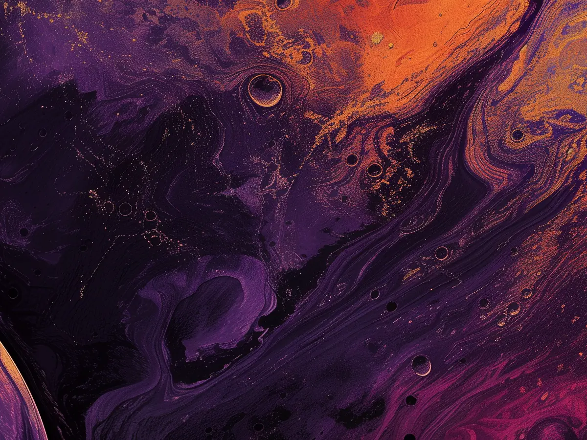 Marbled amber and violet clouds swirling through deep space