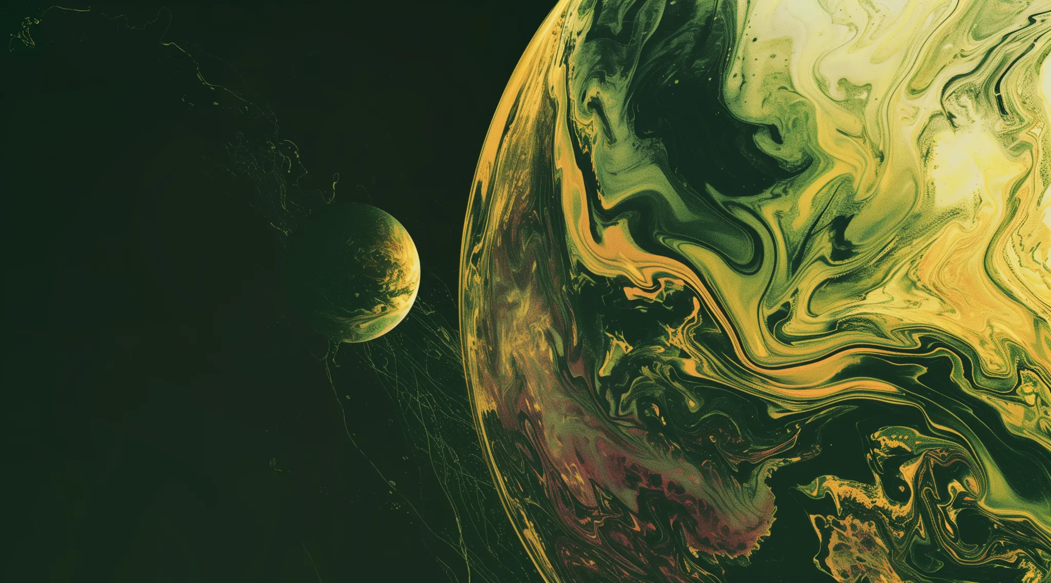 Marbled green and gold planet drifting through deep space